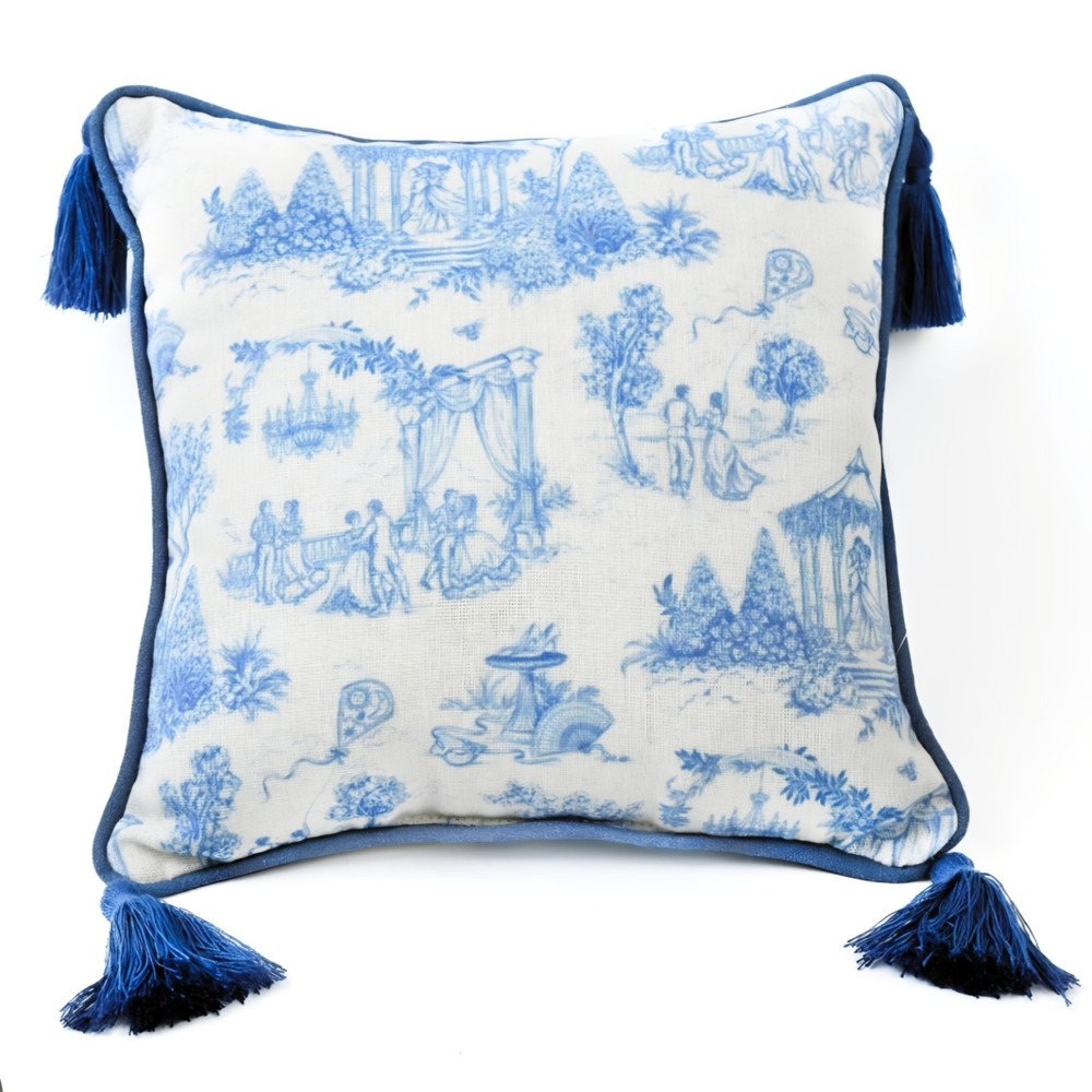 Bridgerton Toile Throw Pillow Blue White Garden Tassel Cushion 10" x 10" Dating